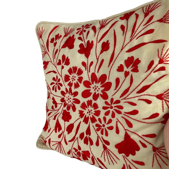 Vintage Floral Embroidered Square Accent Pillow Cream Red Small Couch Chair 14” - Picture 14 of 16